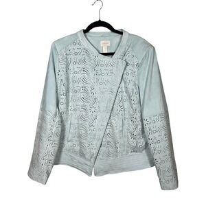 Chicos Womens Laser Cut Eyelet Faux Suede Moto‎ Zip Jacket Sz 2 Large Light Blue